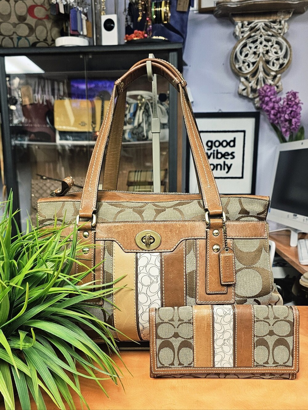 Coach Signature Patchwork Tote and Wallet Set - Tan & Beige